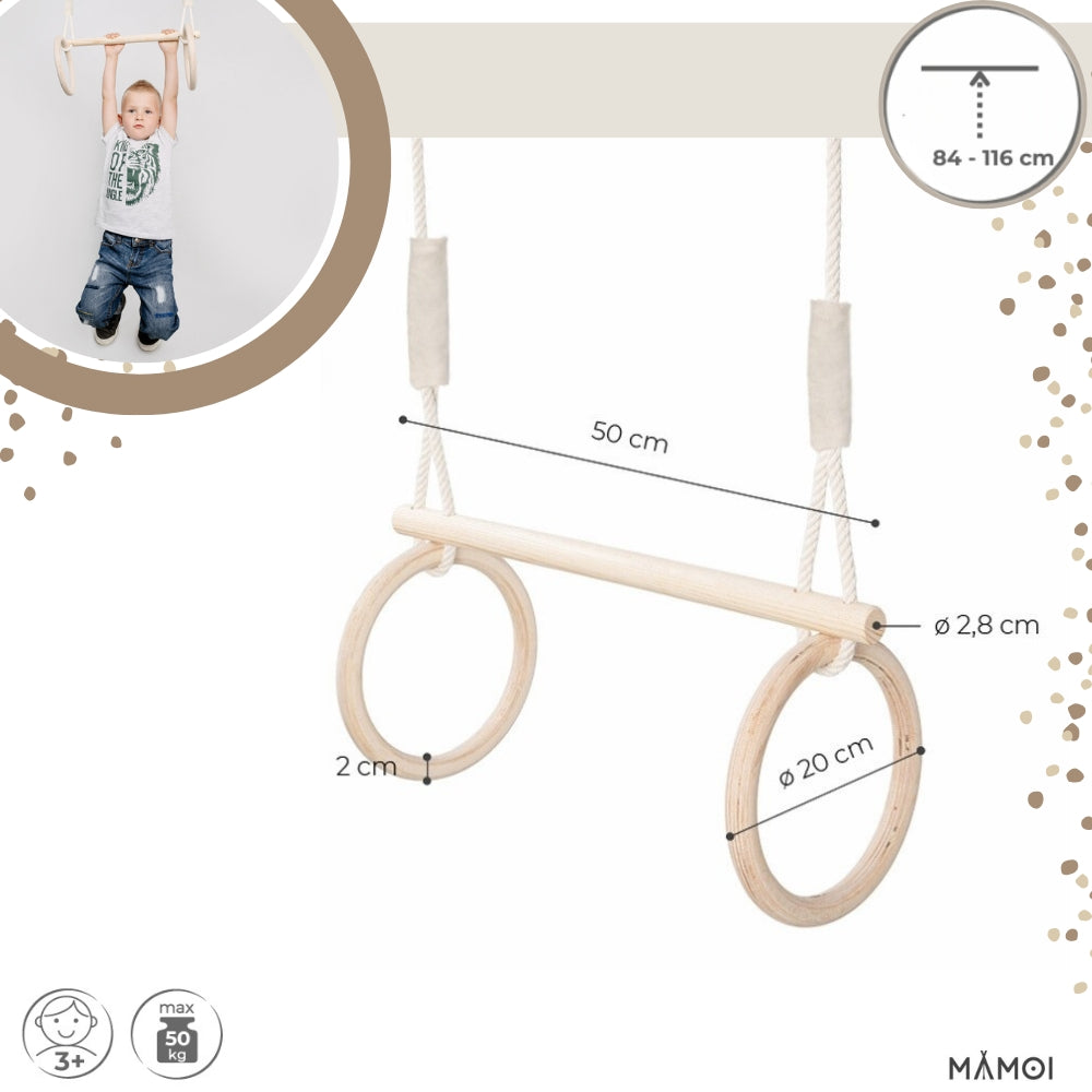 Trapèze & anneaux en bois MAMOI – réglable 84–116 cm avec crochet, support 50 kg
