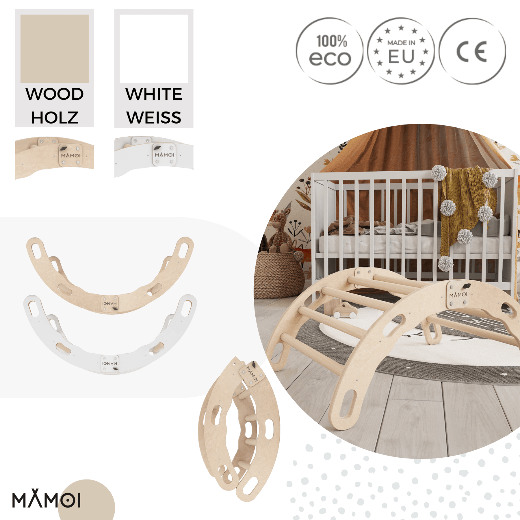 Bascule Montessori 2-en-1 MAMOI – Arche de Pikler & bascule en bois pliable