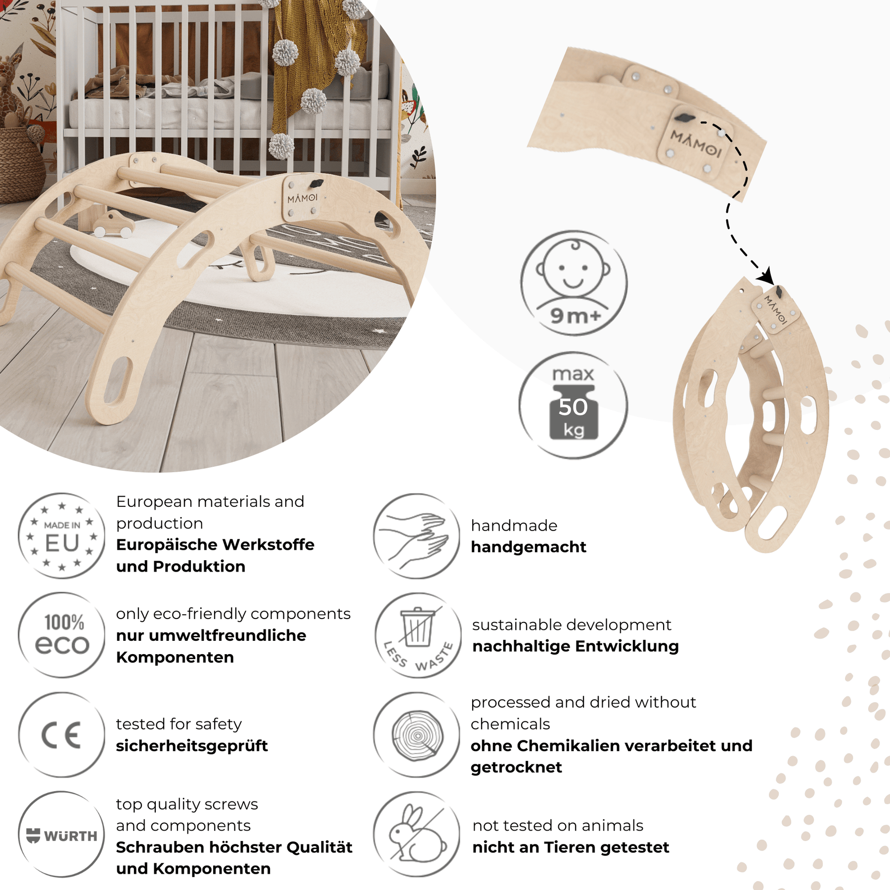 Bascule Montessori 2-en-1 MAMOI – Arche de Pikler & bascule en bois pliable