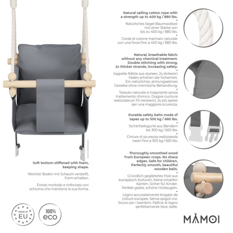 Chaise suspendue bébé MAMOI en bois - Montessori 3-en-1 avec harnais et crochet