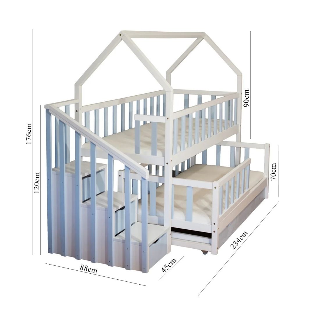 Lit Gigogne cabane 2 enfants 80x180cm et 80x160cm