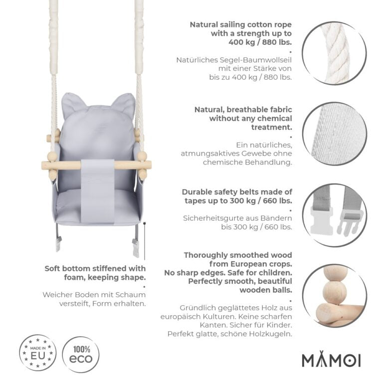 Chaise suspendue bébé MAMOI en bois - Petit Chat 3-en-1 avec harnais et crochet