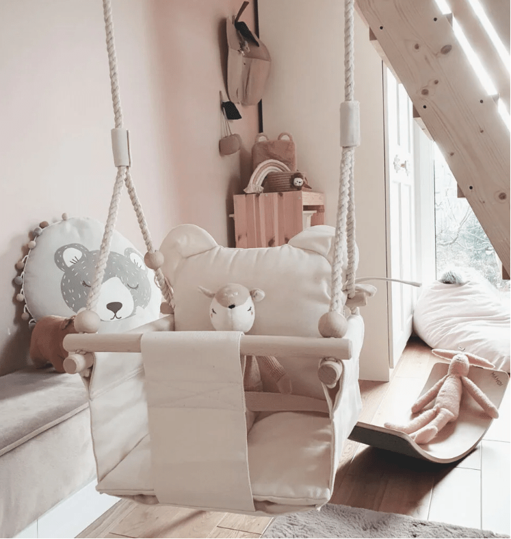 Chaise suspendue bébé MAMOI en bois - Petit Chat 3-en-1 avec harnais et crochet