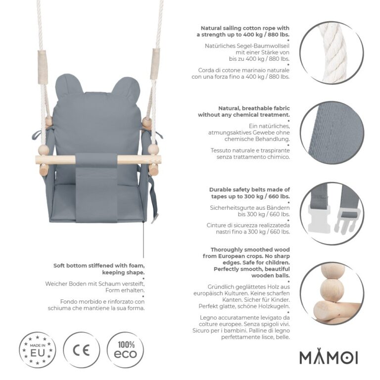 Chaise suspendue bébé MAMOI en bois - Petit Chat 3-en-1 avec harnais et crochet