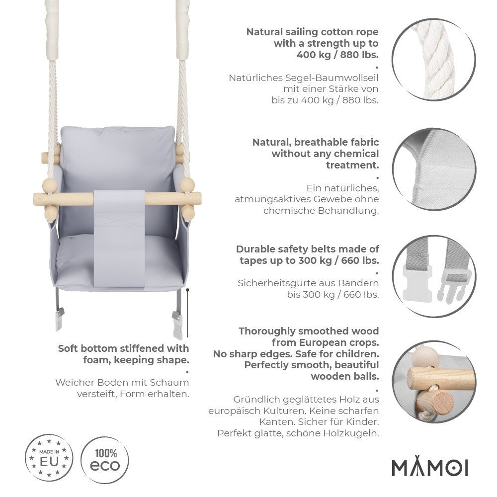 Chaise suspendue bébé MAMOI en bois - Montessori 3-en-1 avec harnais et crochet