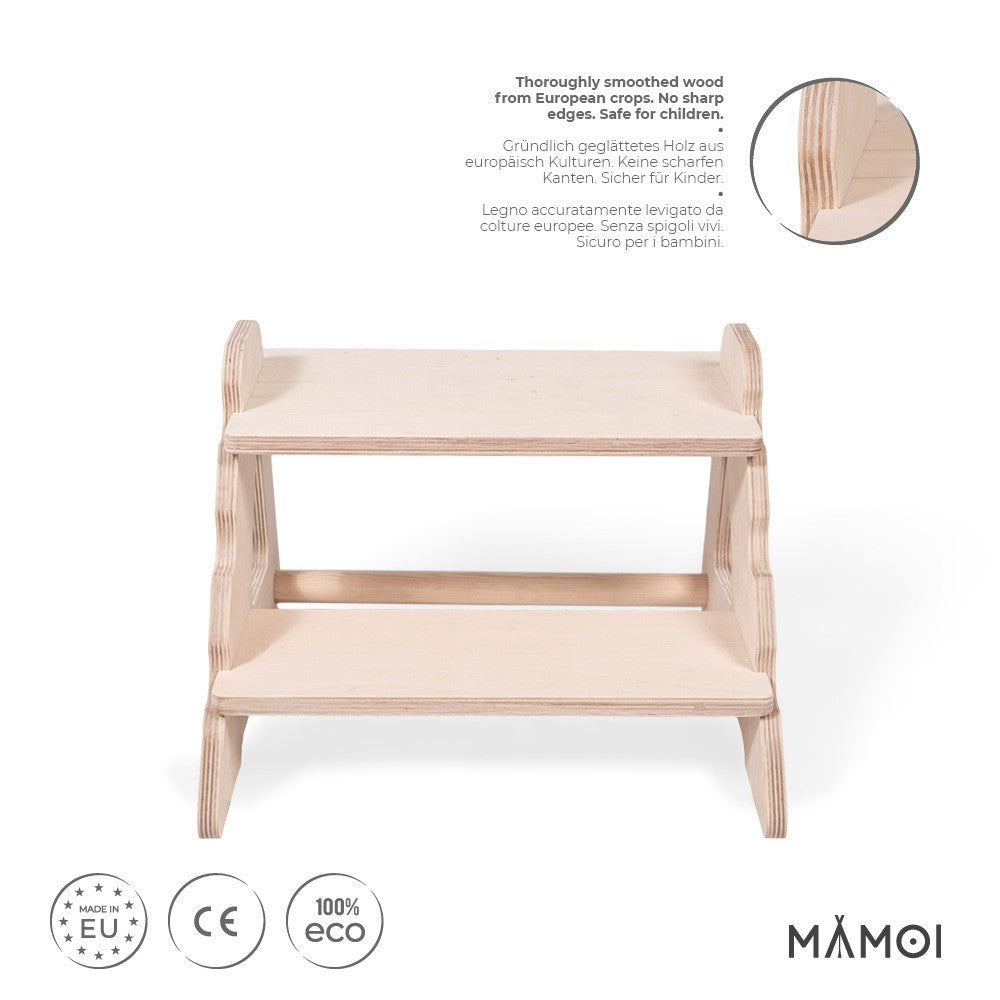Tabouret escabeau MAMOI®2 marches – Bois naturel, universel et sécurisé