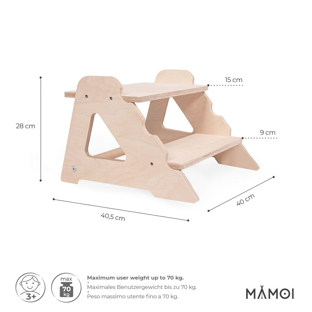 Tabouret escabeau MAMOI®2 marches – Bois naturel, universel et sécurisé