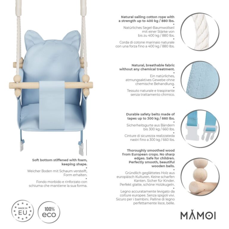 Chaise suspendue bébé MAMOI en bois - Petit Chat 3-en-1 avec harnais et crochet