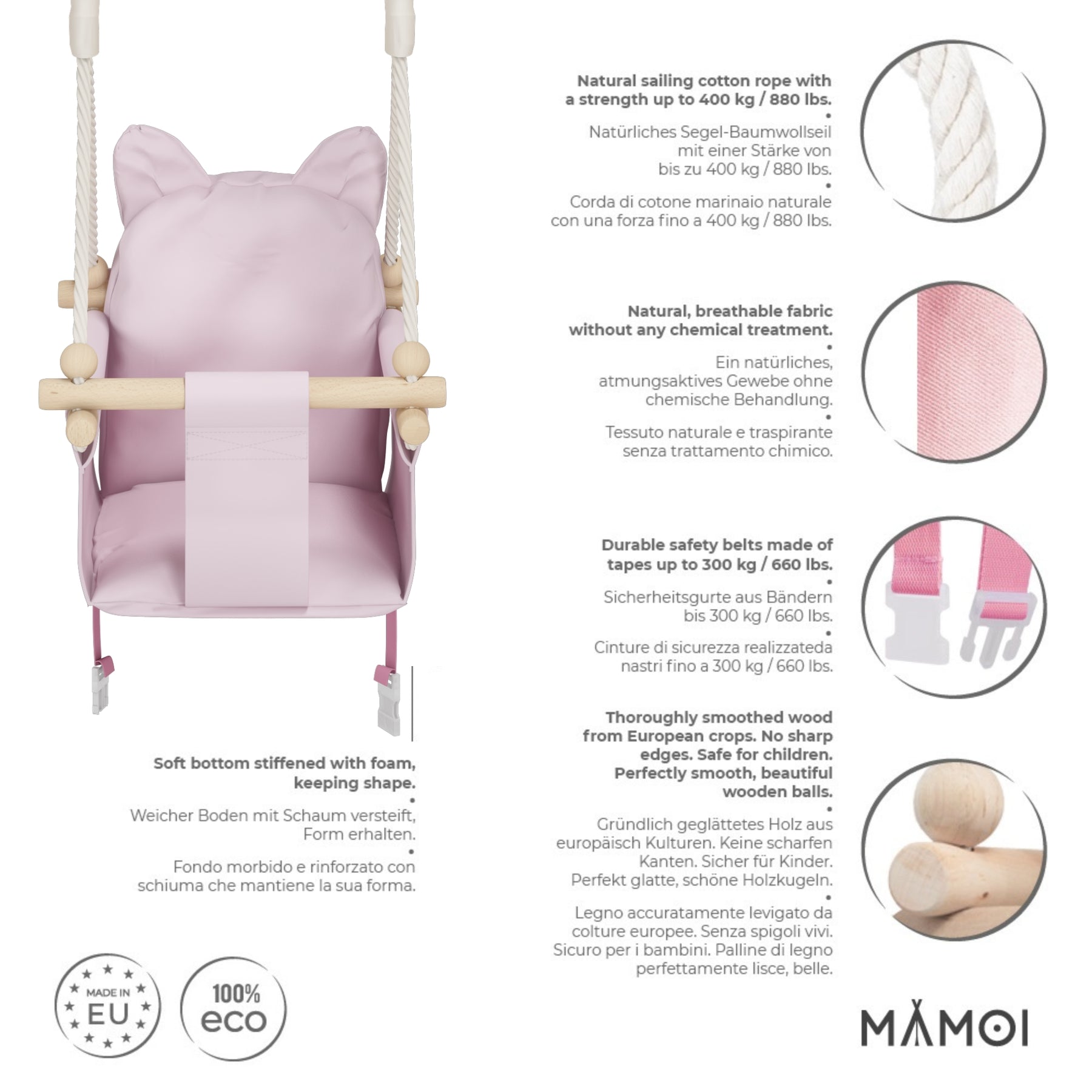 Chaise suspendue bébé MAMOI en bois - Petit Chat 3-en-1 avec harnais et crochet