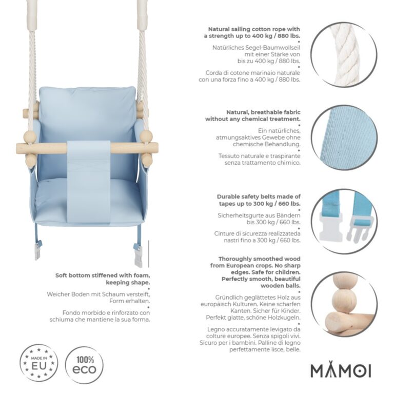 Chaise suspendue bébé MAMOI en bois - Montessori 3-en-1 avec harnais et crochet