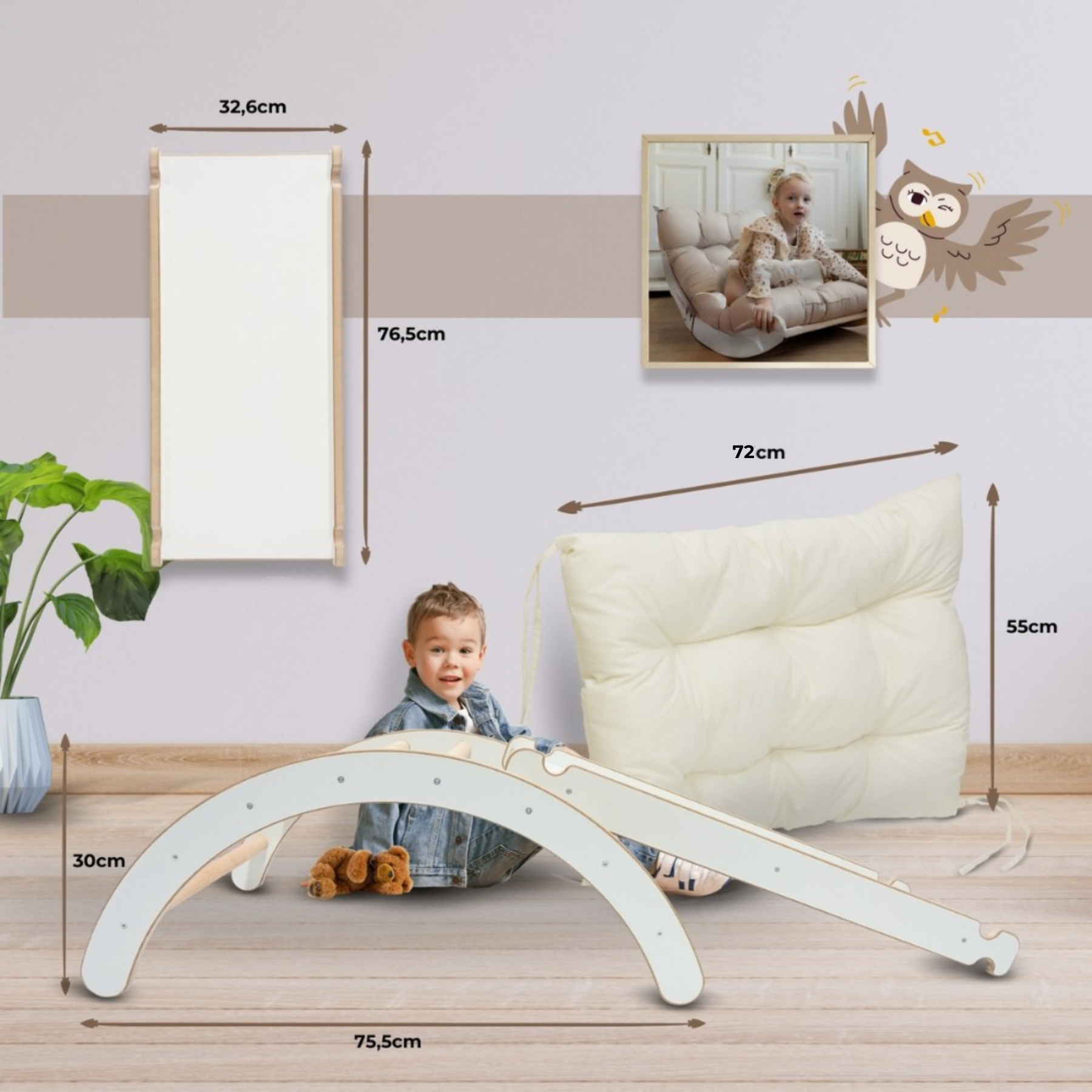Ensemble 3-en-1 – Arche Montessori, Coussin & Toboggan en bois blanc Mamoi