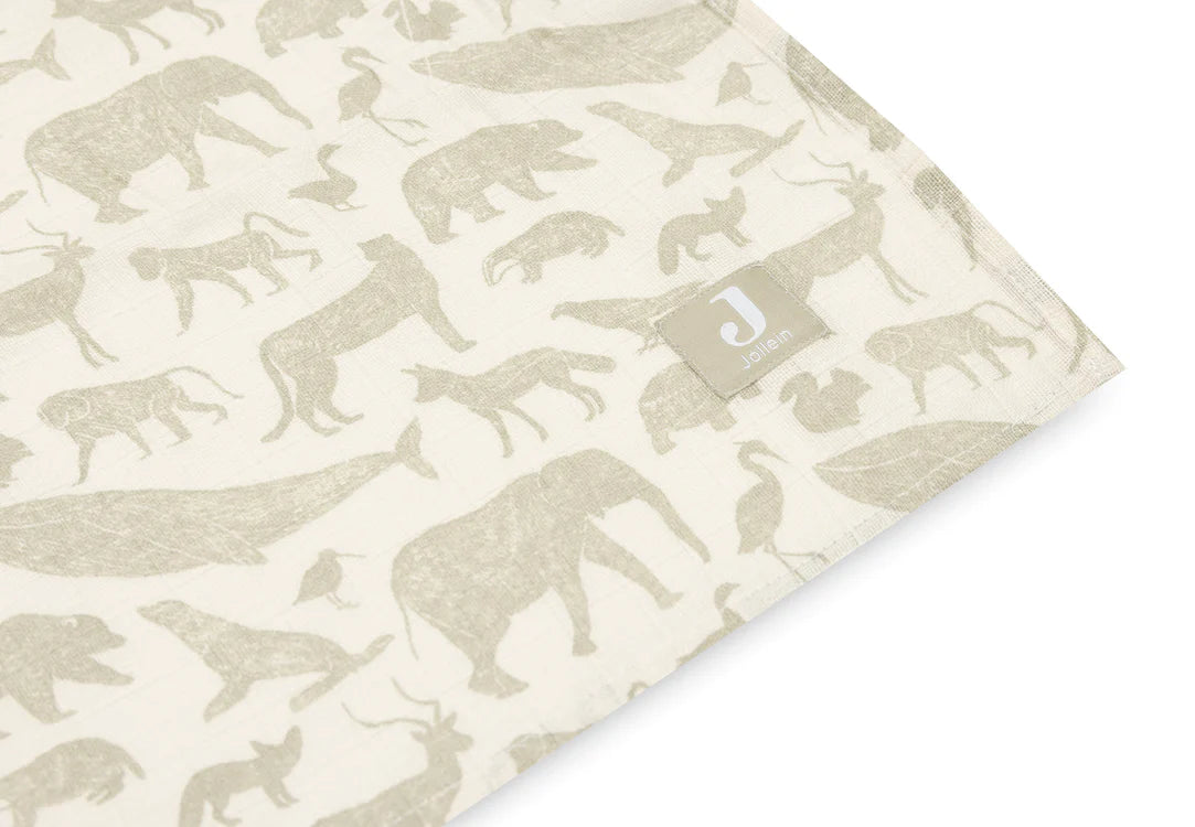 Lange gaze de Coton Animal Olive Green (x2) Jollein