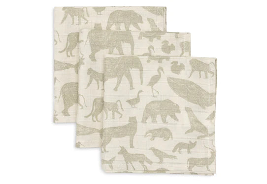 Serviette gaze de Coton 31x31cm (x3) Animal Olive Green - Jollein