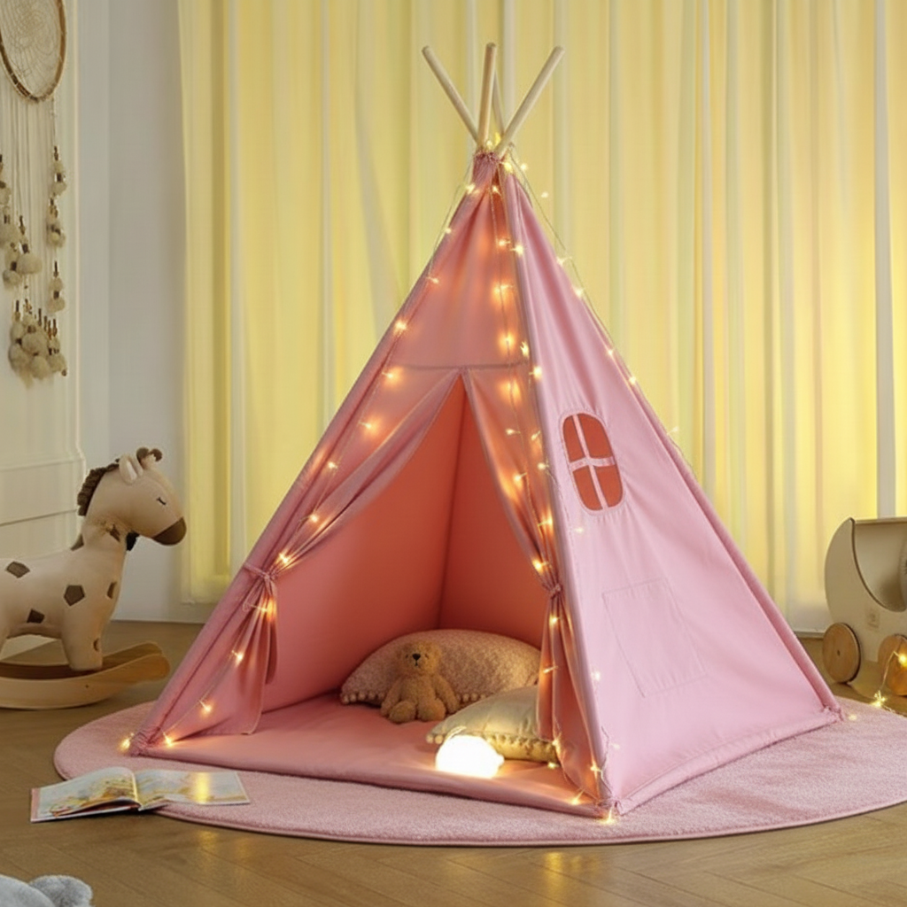 Tipi enfant avec tapis avec guirlandes