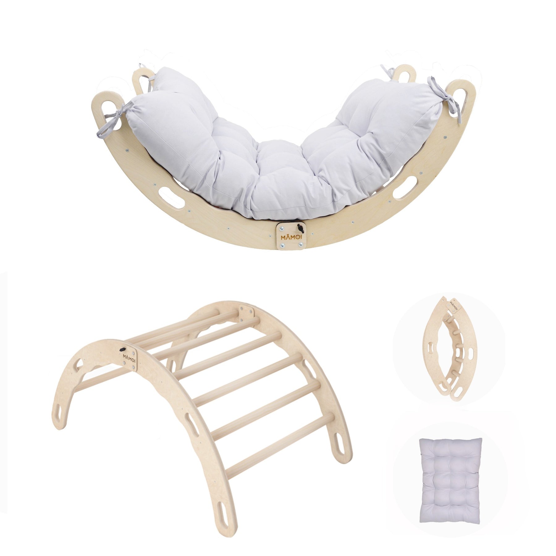 Bascule Montessori 2-en-1 MAMOI avec coussin – Arche de Pikler & bascule en bois pliable