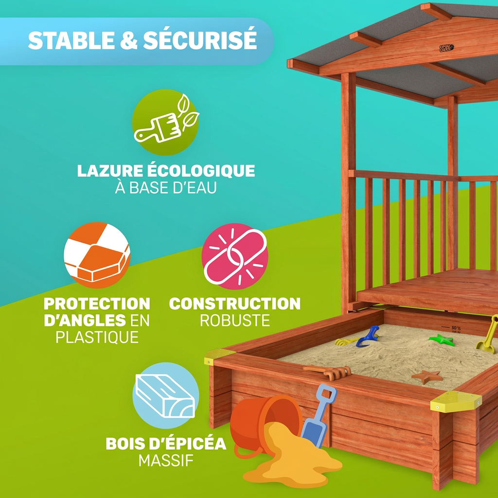 Bac à sable Merle 133x127 cm en bois avec toit UV50