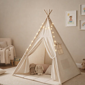 Tipi enfant avec tapis et guirlandes