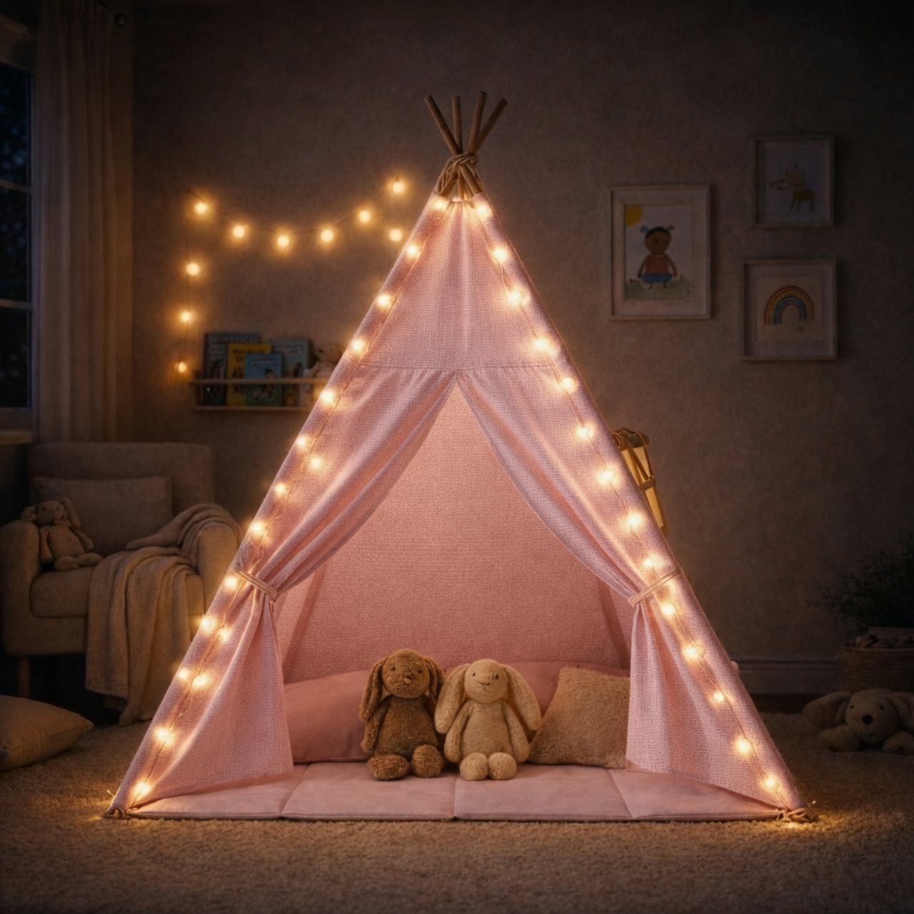 Tipi enfant avec tapis et guirlandes