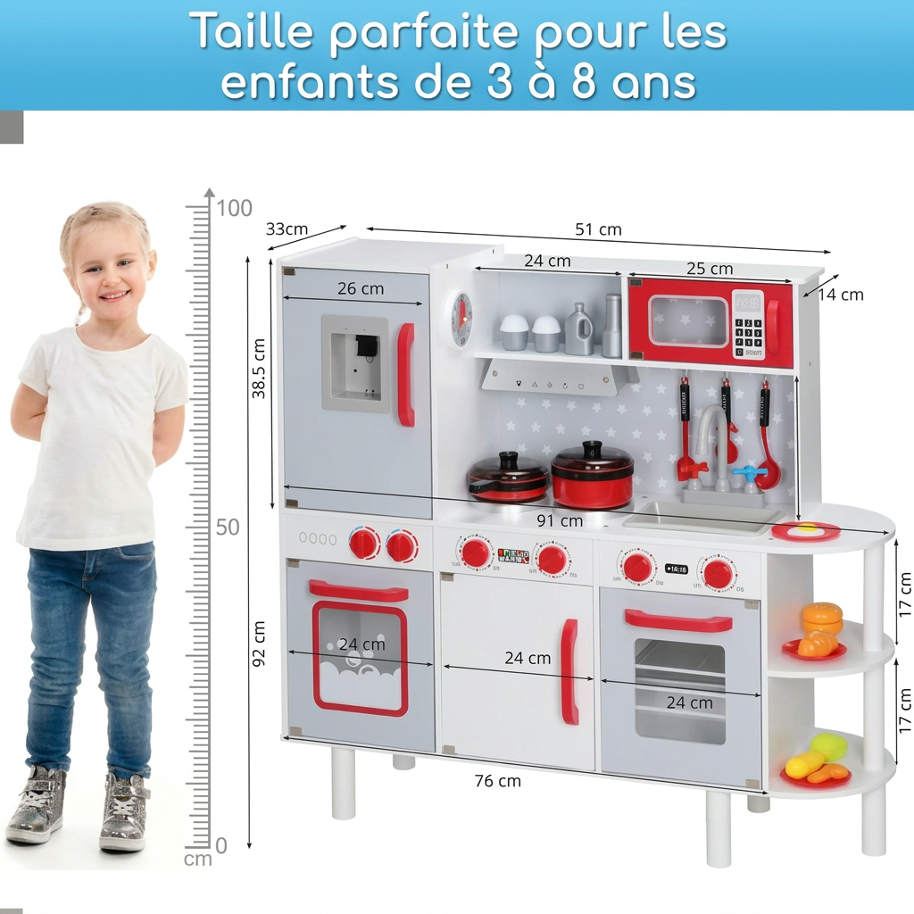 Cuisine pour enfants en bois 91 × 33 × 86/92 cm avec 38 accessoires