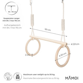 Trapèze & anneaux en bois MAMOI – réglable 84–116 cm avec crochet, support 50 kg