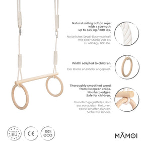 Trapèze & anneaux en bois MAMOI – réglable 84–116 cm avec crochet, support 50 kg