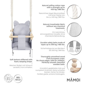 Chaise suspendue bébé MAMOI en bois - Petit Chat 3-en-1 avec harnais et crochet
