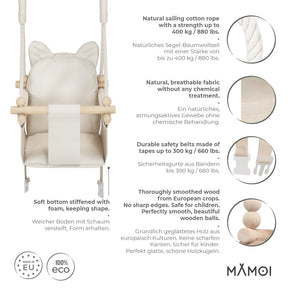 Chaise suspendue bébé MAMOI en bois - Petit Chat 3-en-1 avec harnais et crochet