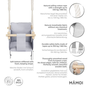 Chaise suspendue bébé MAMOI en bois - Montessori 3-en-1 avec harnais et crochet