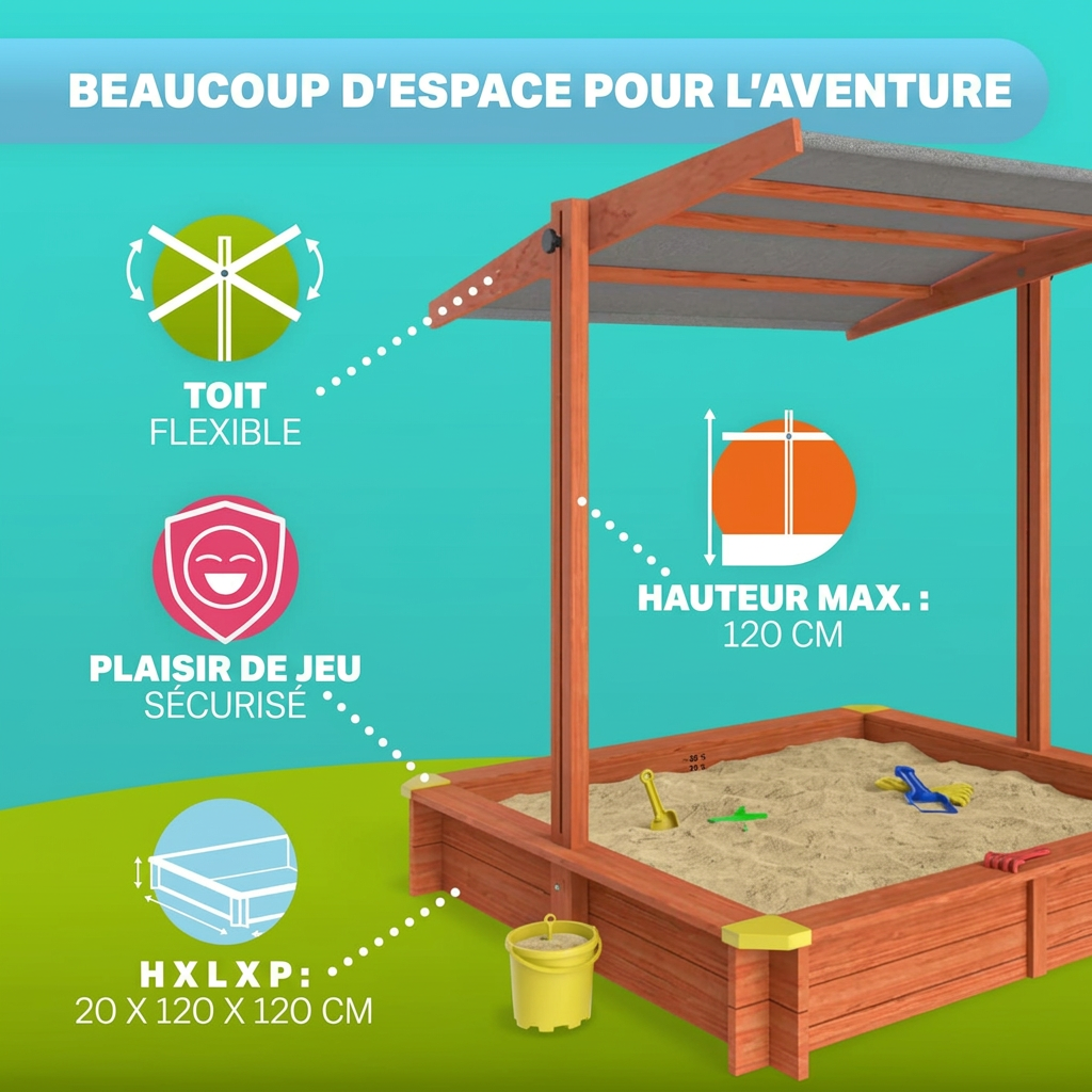 Bac à sable Sami 120x120 cm en bois avec toit UV50