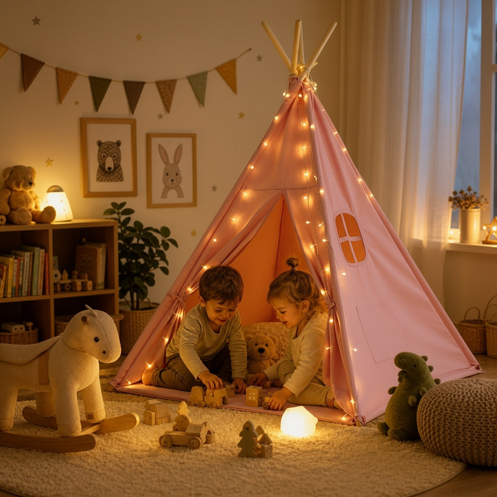 Tipi enfant avec tapis et guirlandes
