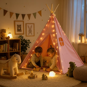 Tipi enfant avec tapis et guirlandes