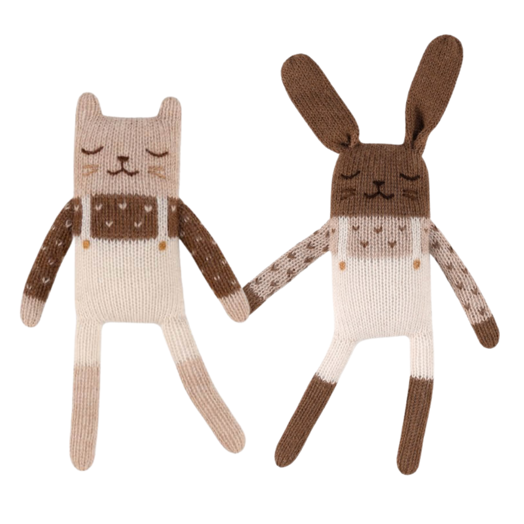 Pack 2 soft toys kitten + bunny dungarees ecru Main Sauvage