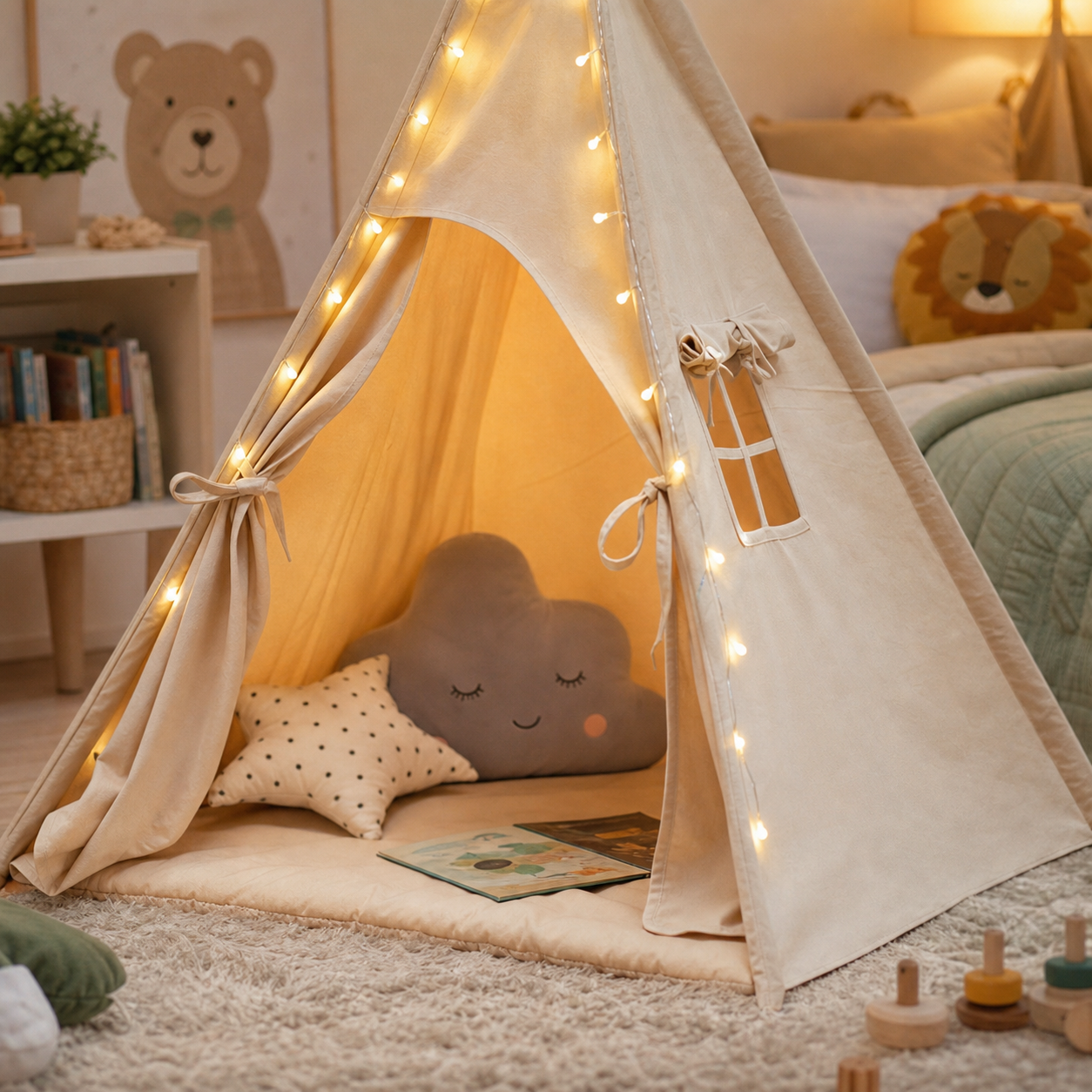 Tipi enfant avec tapis avec guirlandes