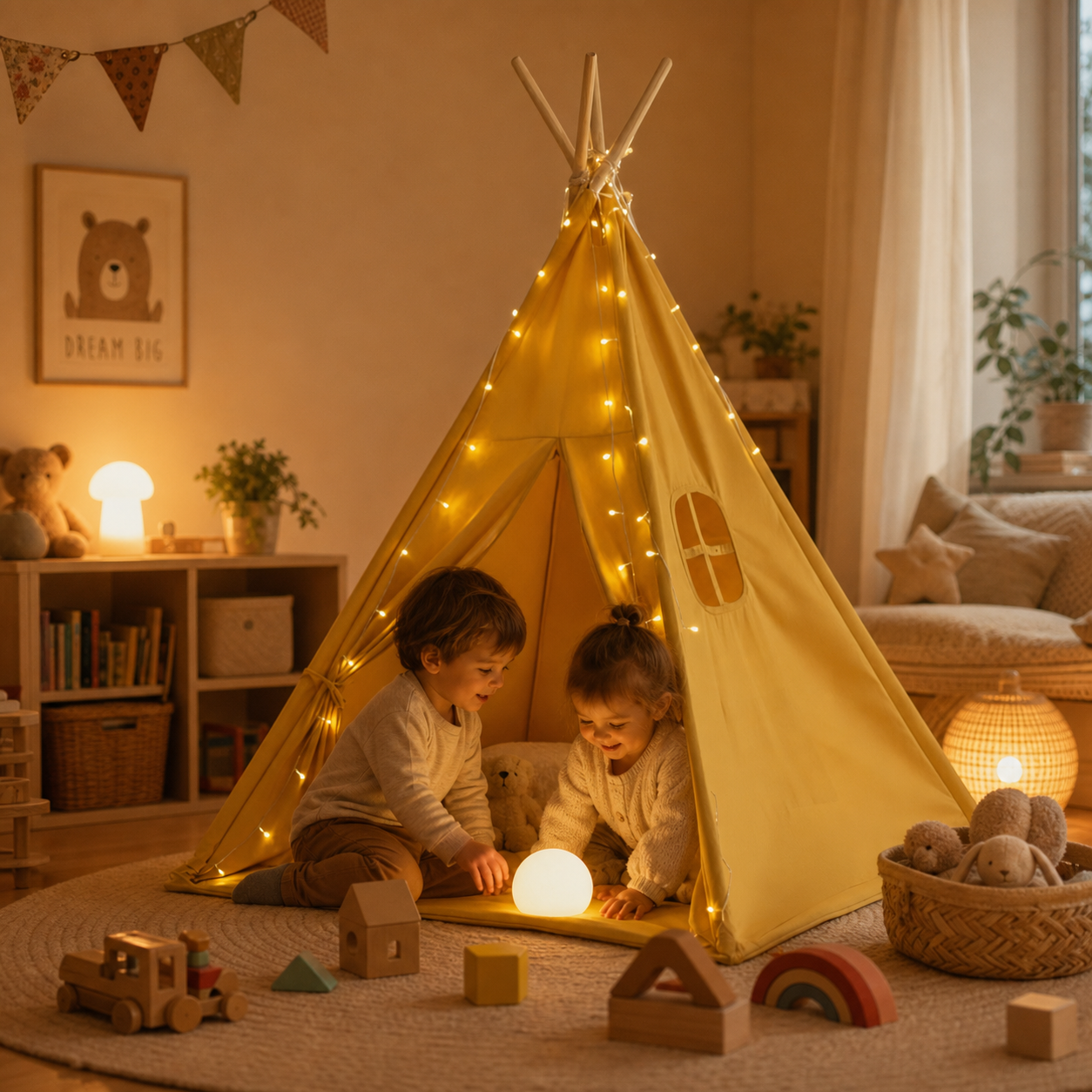 Tipi enfant avec tapis avec guirlandes (C)