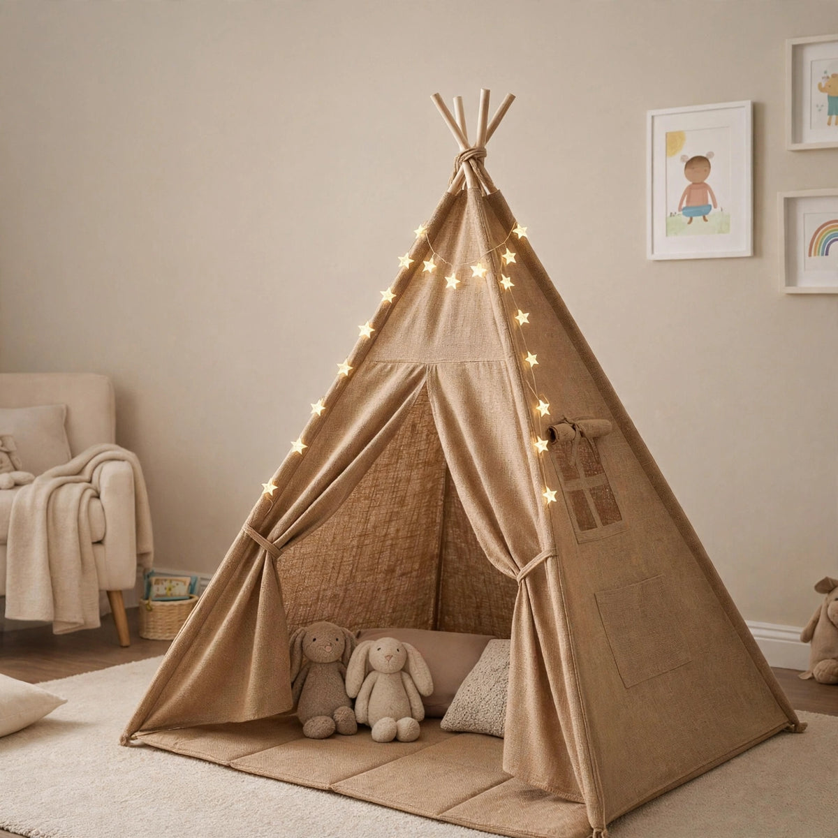 Tipi enfant avec tapis et guirlandes