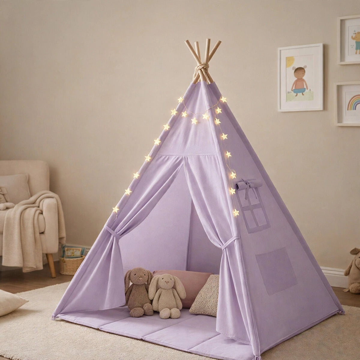 Tipi enfant avec tapis et guirlandes