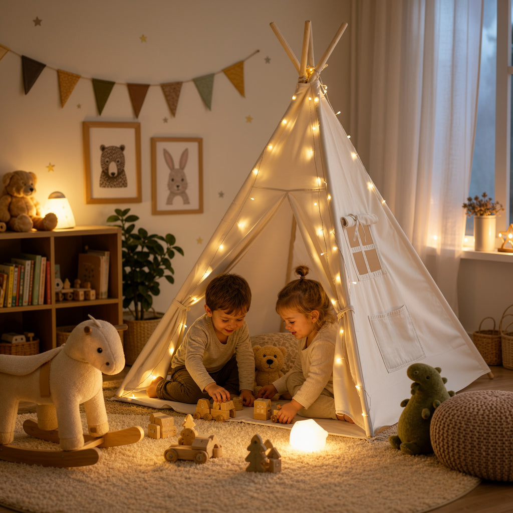 Tipi enfant avec tapis et guirlandes